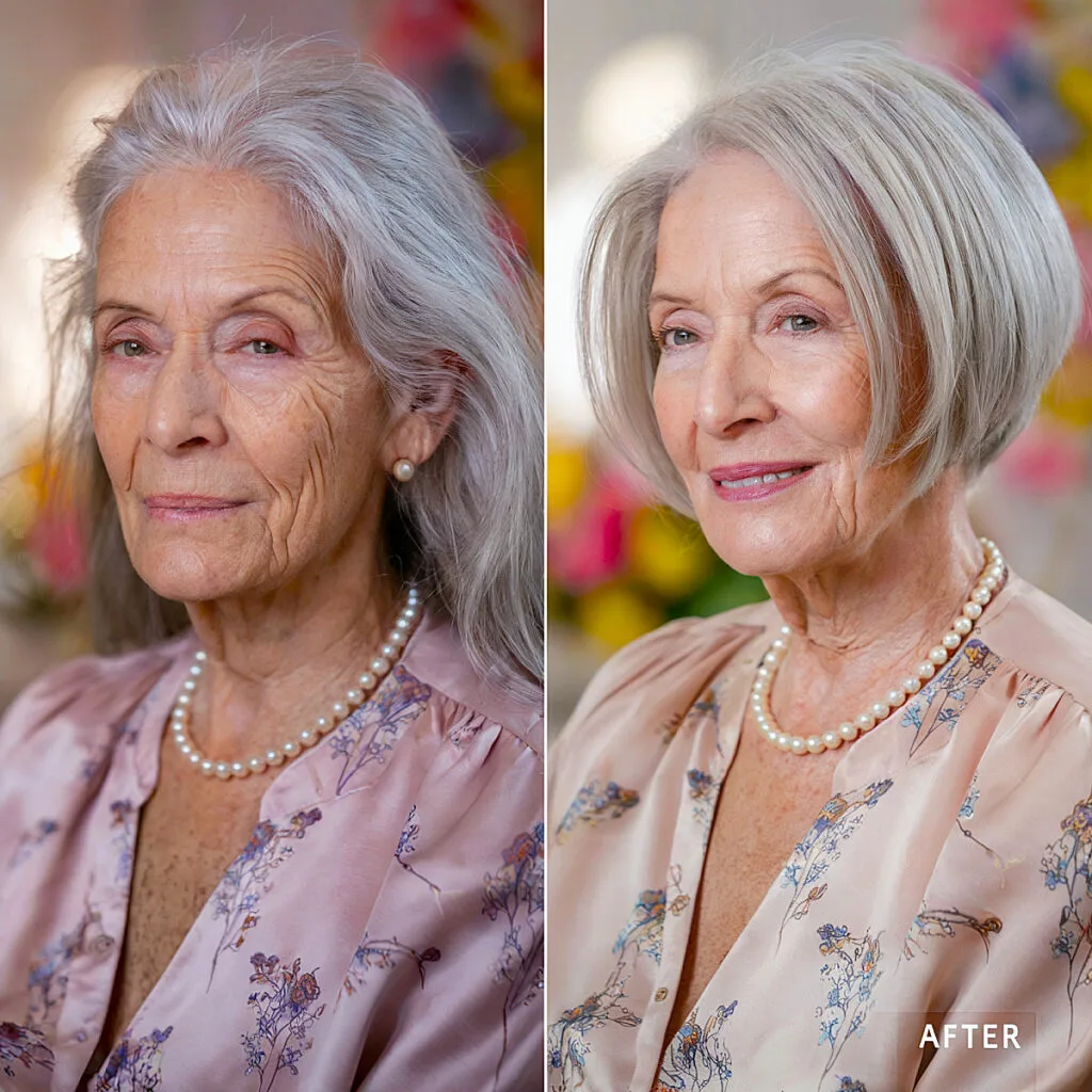 A softly layered angled bob designed to add volume and fullness to thin hair, perfect for older women