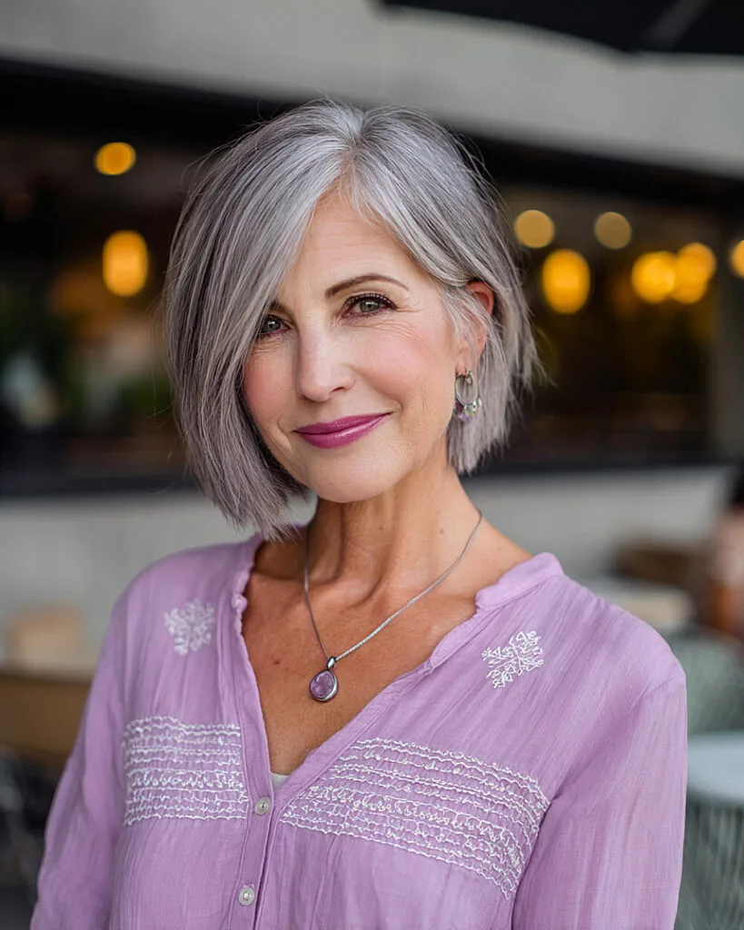 Angled long bob for women over 50 with silver-gray hair and sharp side-swept part
