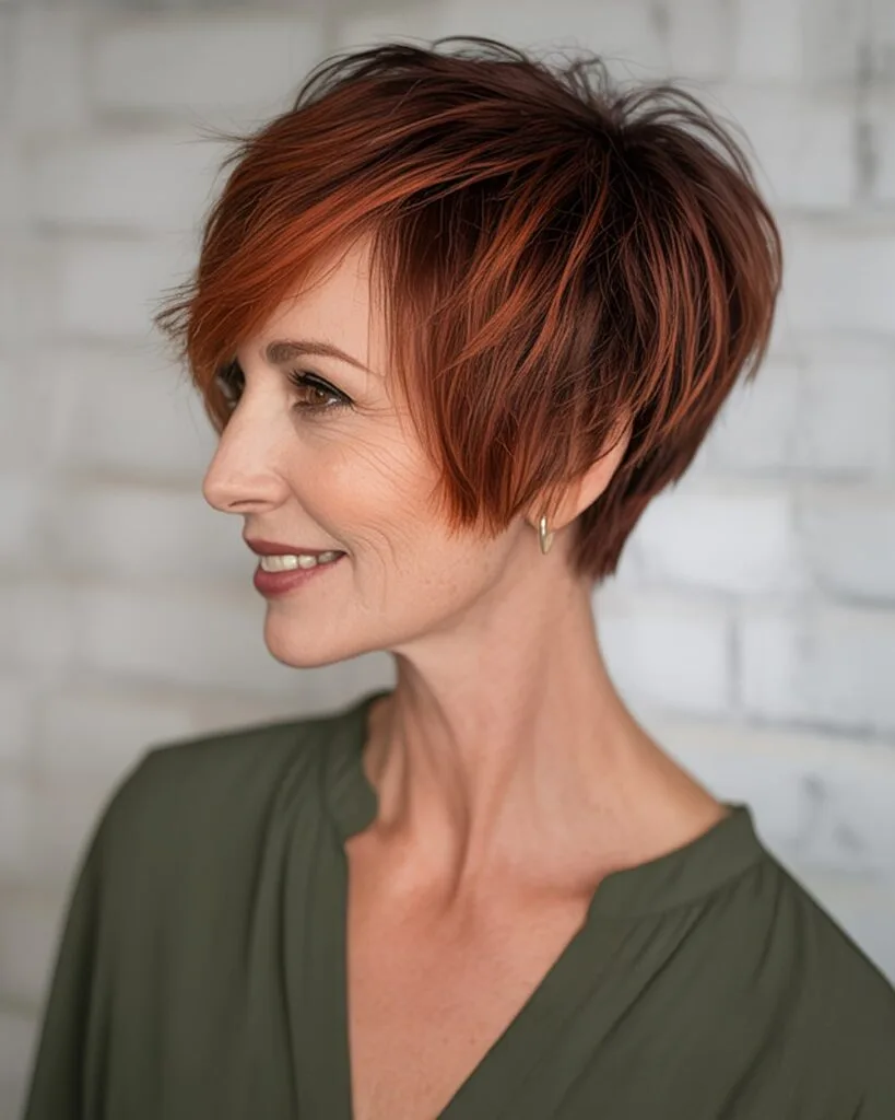 Angled pixie bob with deep auburn red for older women with straight thick hair