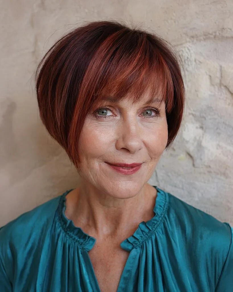Asymmetrical pixie bob with deep side part and rich red tones for mature women