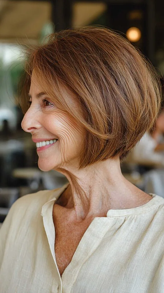 Auburn-toned angled bob with warm copper highlights