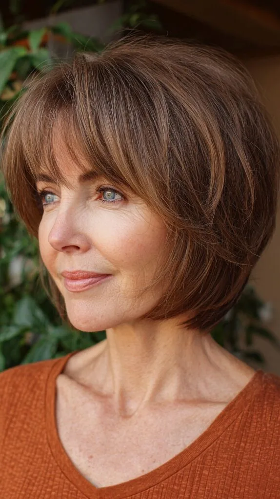 Autumn-Inspired Chestnut Bob with Tapered Fringe
