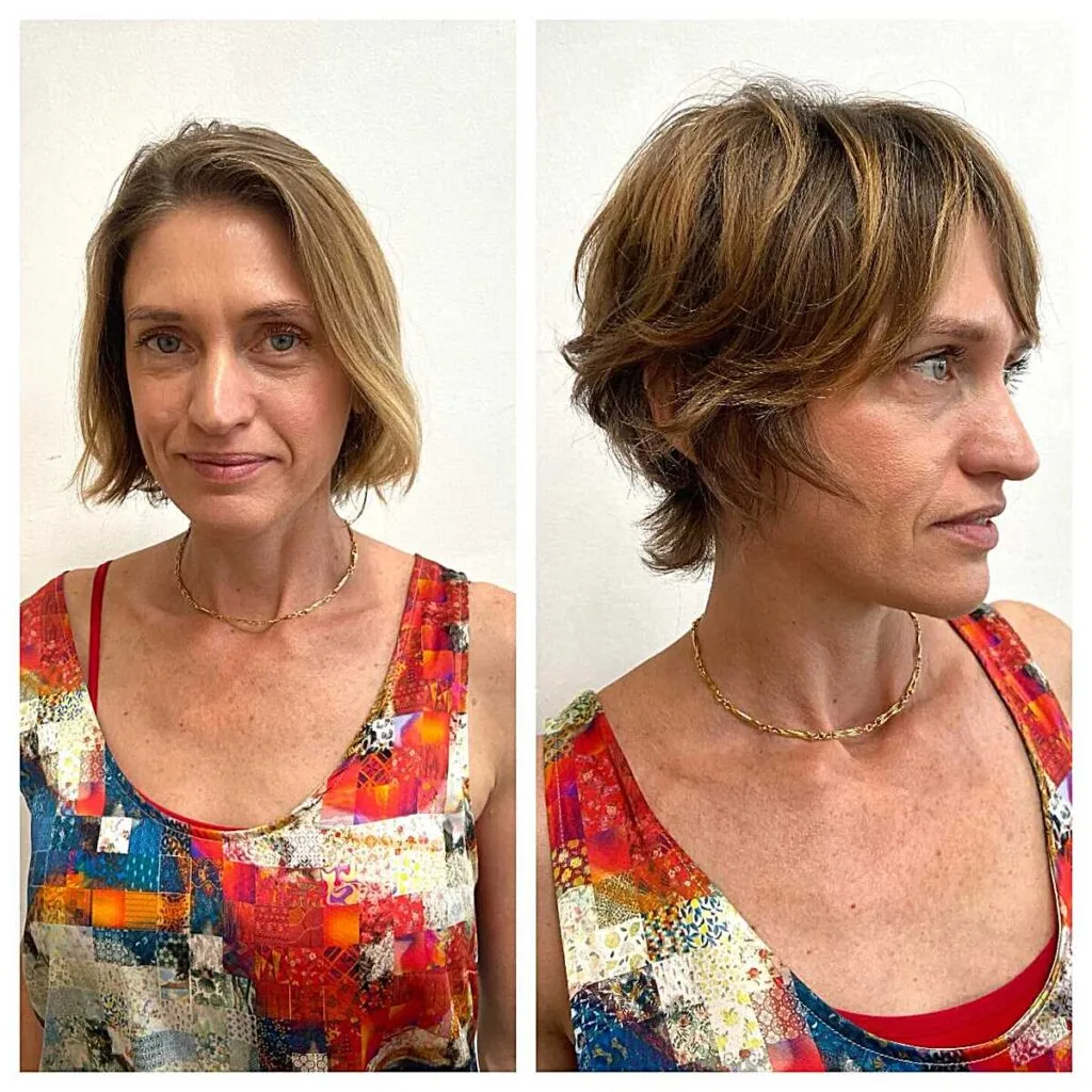 Before and after bixie cut on wavy dirty blonde hair