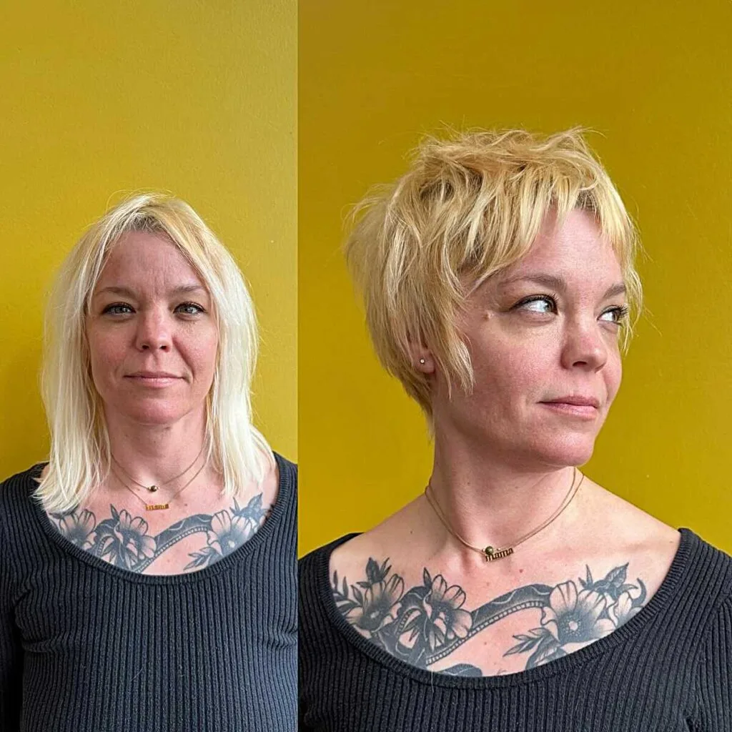 Before and after choppy blonde bixie with textured layers