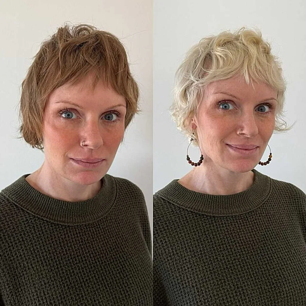 Before and after curly bixie transformation with blonde color
