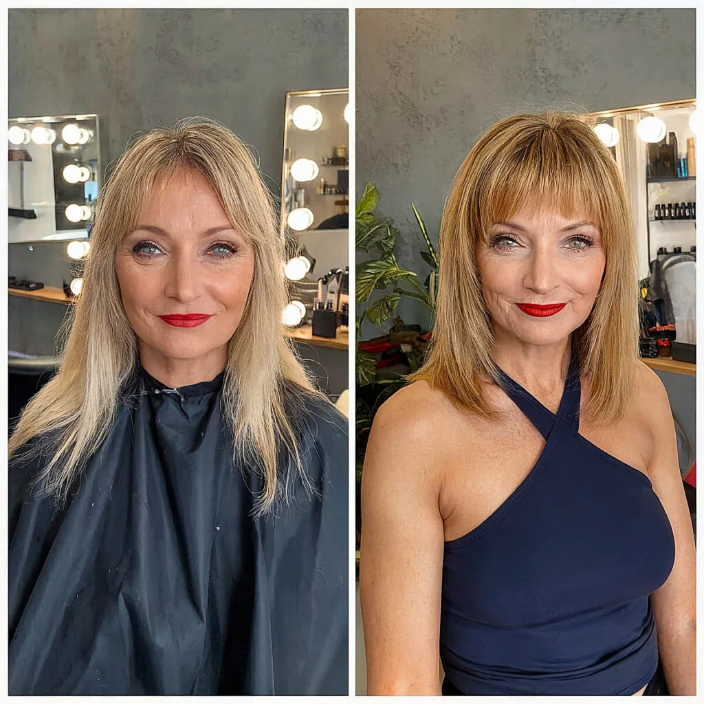 Before and After Transformative Sleek Bob with Bangs for Women Over Fifty