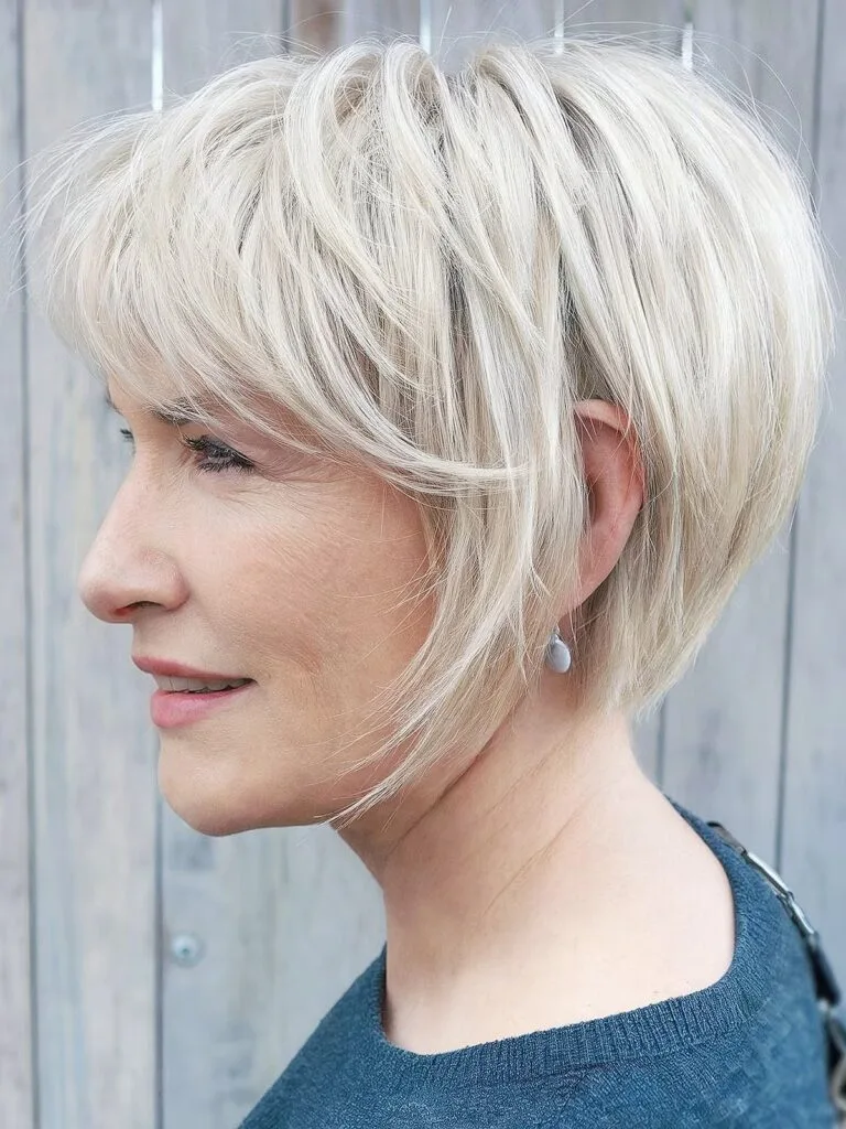 Bob hairstyle for women over 50 with layered, thin hair