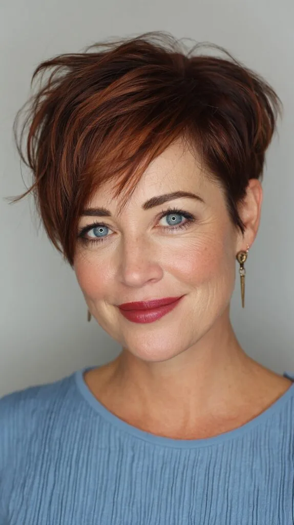 Bold Copper Textured Pixie with Side-Swept Bangs