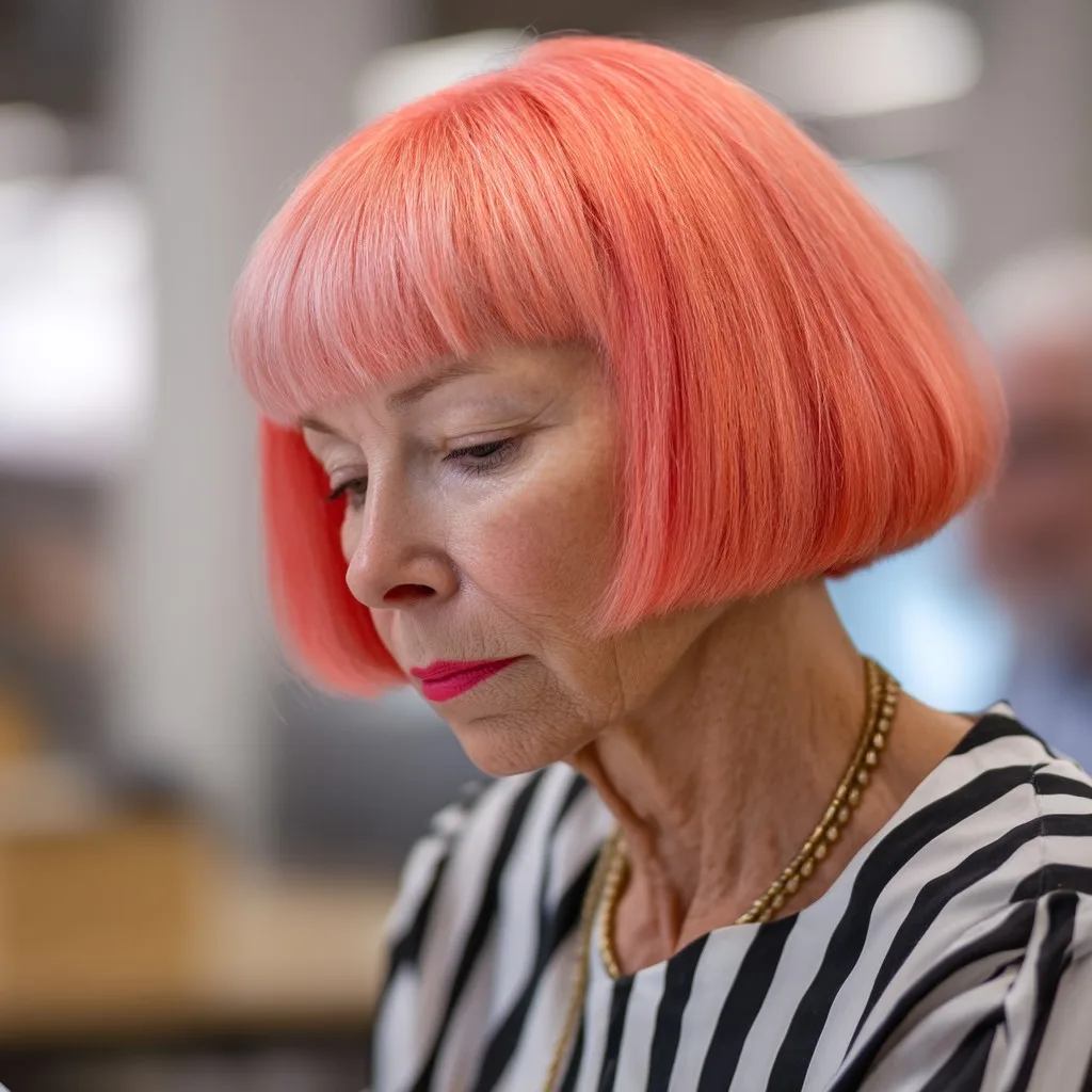 Bold Coral Bob with Blunt Bangs
