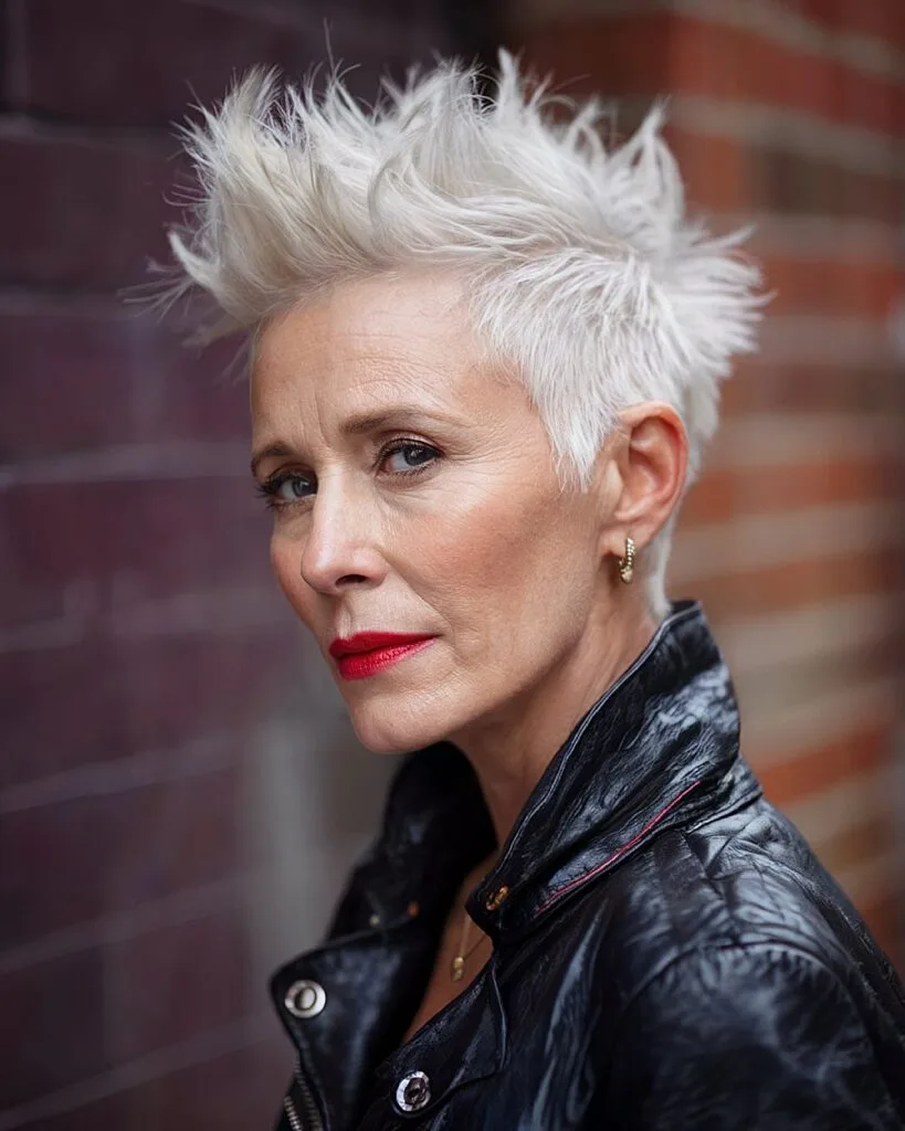 Bold white spiky Edgeflair cut for women over 50 with thick short hair