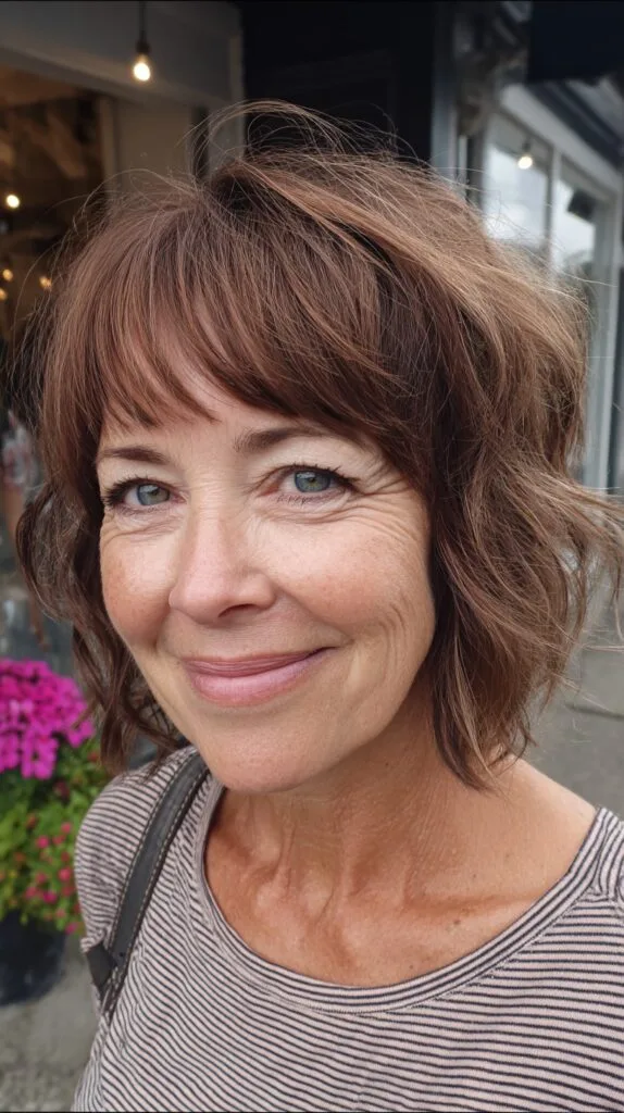 Breezy Chestnut Waves with Wispy Bangs