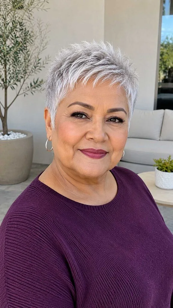 Bright silver spiky pixie with purple sweater over 50