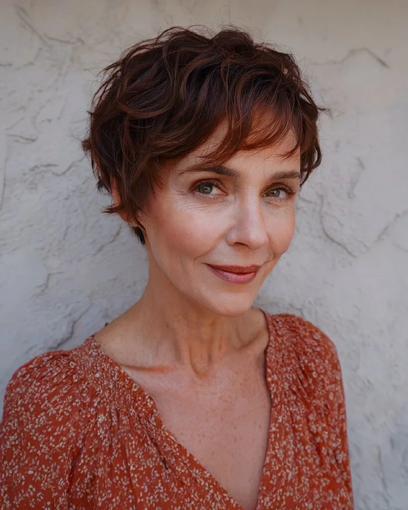 Brown wavy pixie cut with soft layers and natural shine for women over 50