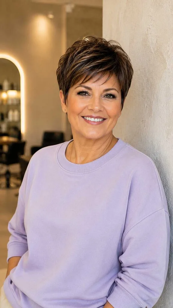 Brunette Crop with Point-Cut Fringe and Close-Tapered Sides