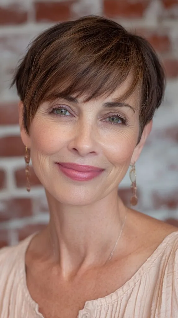 Brunette Feathered Pixie with Natural Highlights