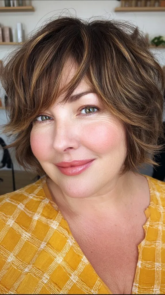 Brunette Layered Bob with Auburn Highlights