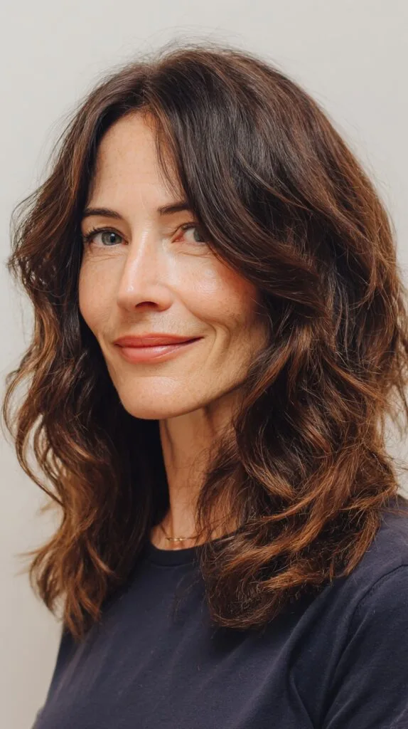 Brunette Shoulder-Grazing Shag with Curtain Face-Framing and Root Melt