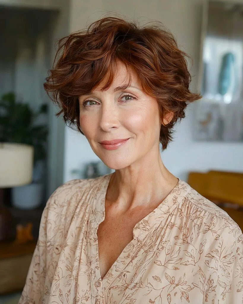 Brunette wavy pixie cut with soft auburn highlights for women over 50 and layered volume
