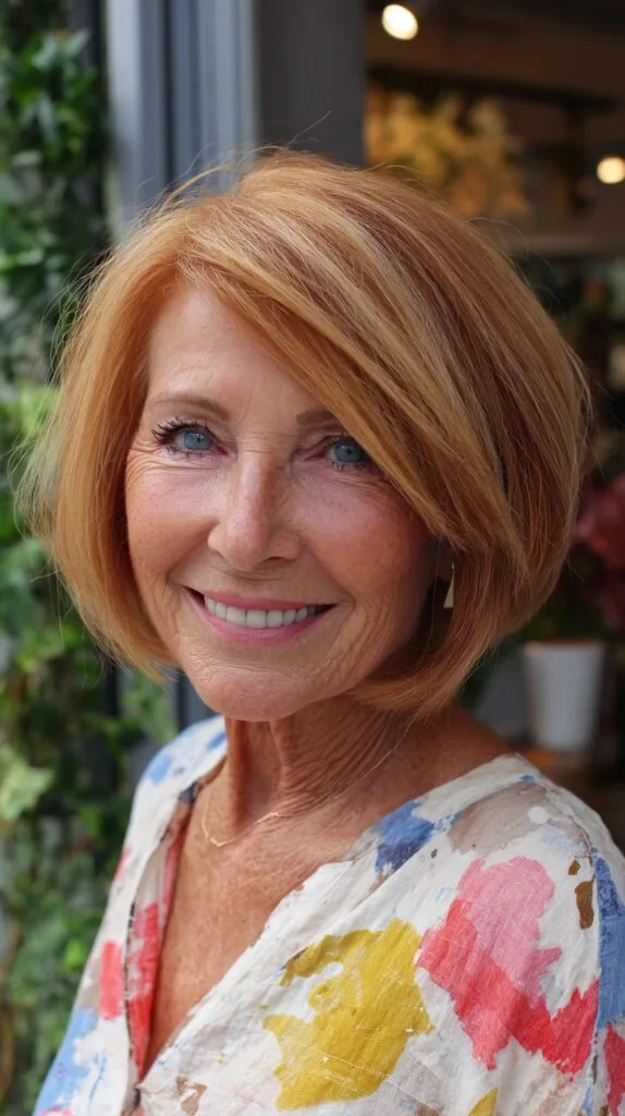 Caramel Balayage Chin-Grazing Rounded Bob with Side-Swept Layer