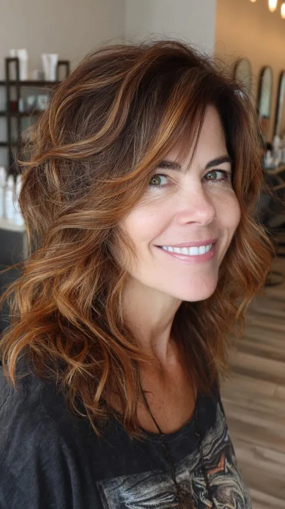 Caramel Root-Shadowed Medium Shag with Curtain Lift and Razor-Textured Ends