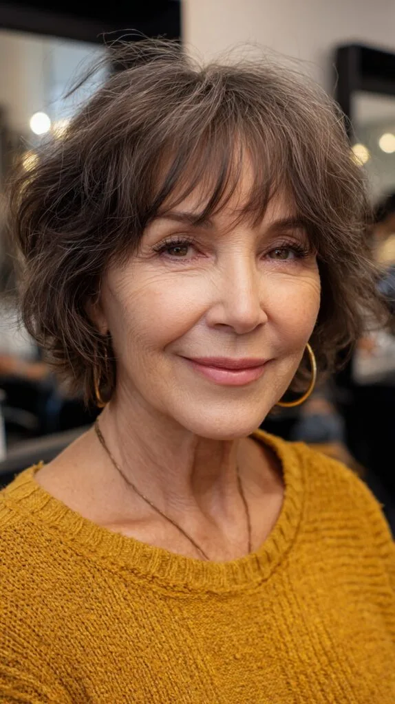 Charming Brunette Tousled Bob with Natural Gray Highlights
