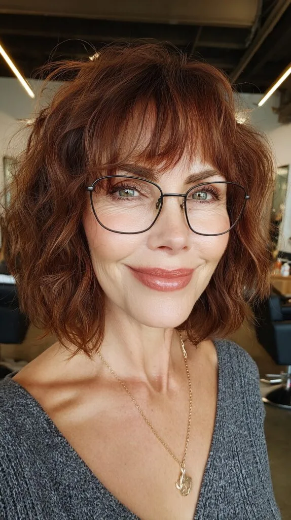 Charming Copper Waves with Circular Specs for Women Over 50