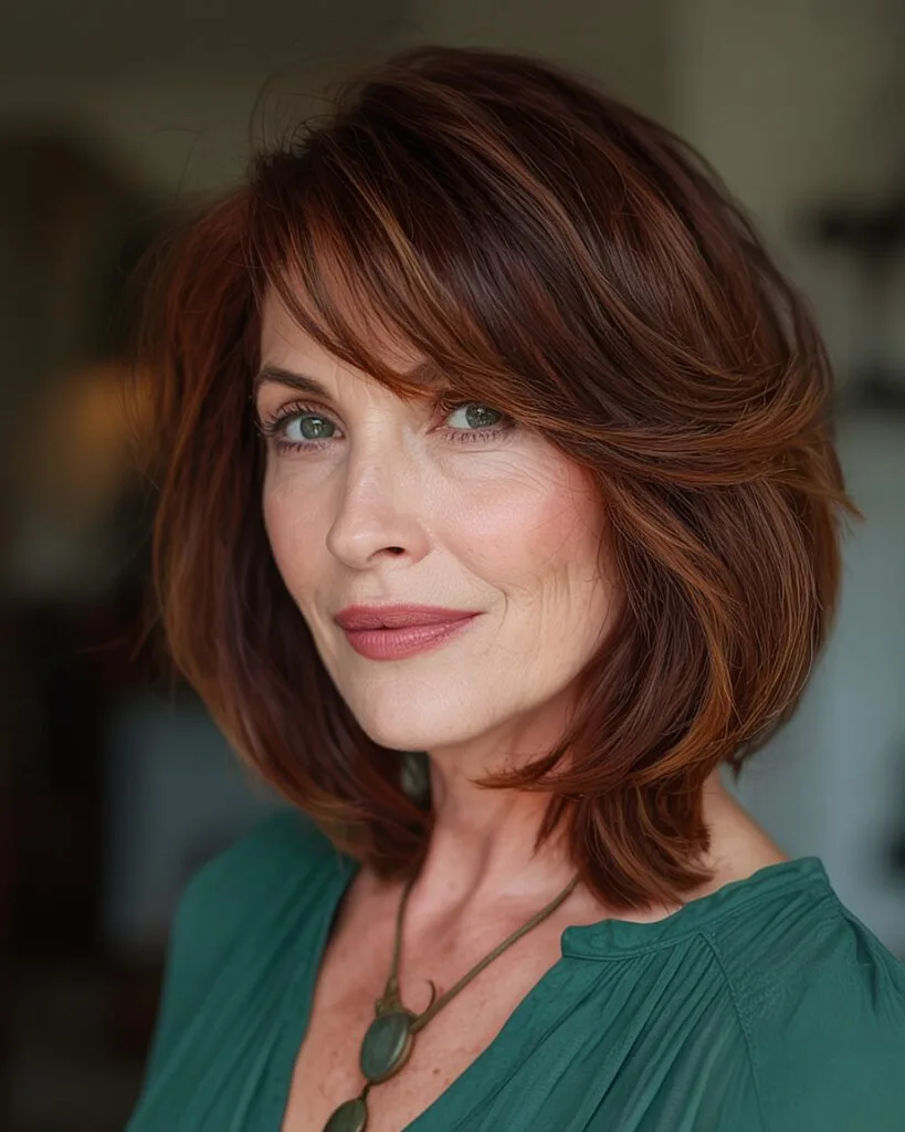 Chestnut layered bob with face-framing bangs for over 50 women with medium hair