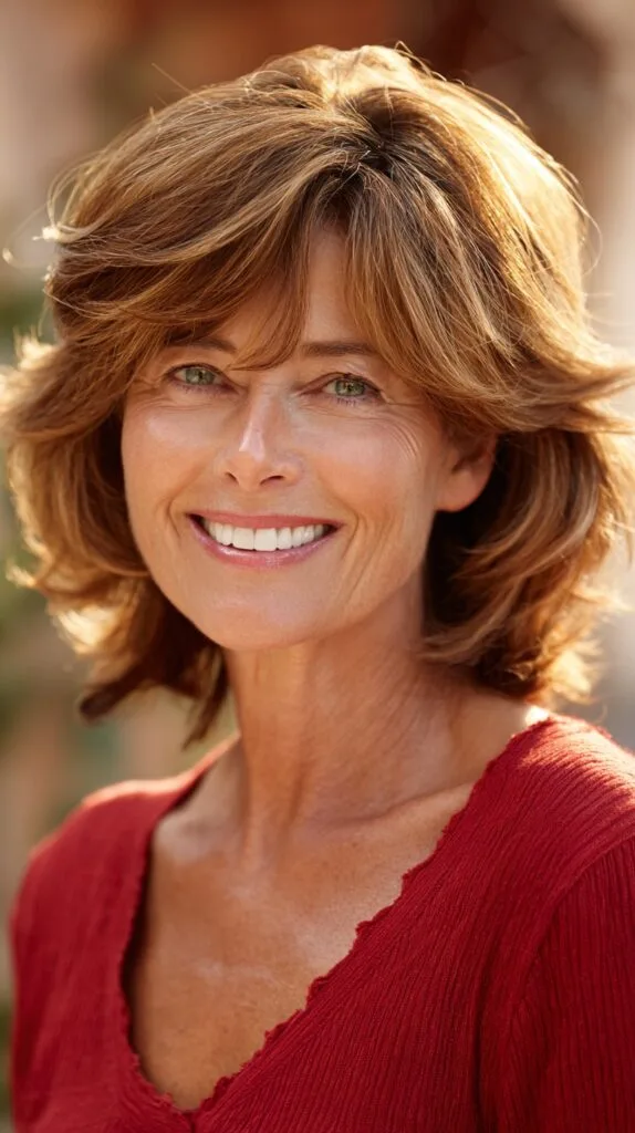 Chestnut Layered Shag with Voluminous Crown and Soft Curtain Fringe
