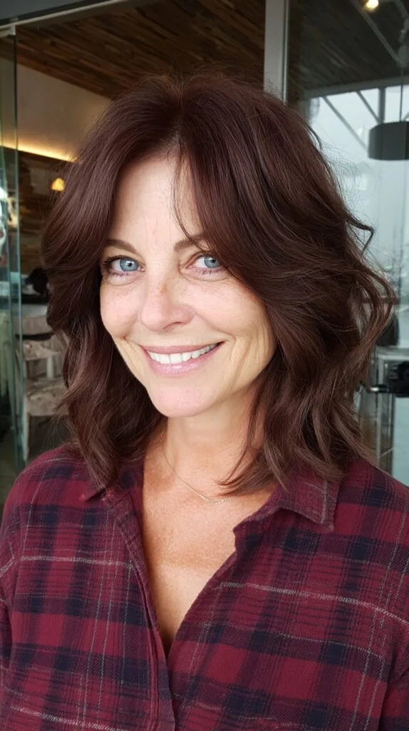 Chestnut Mid-Length Layered Lob with Center-Softened Part and Feathered Ends