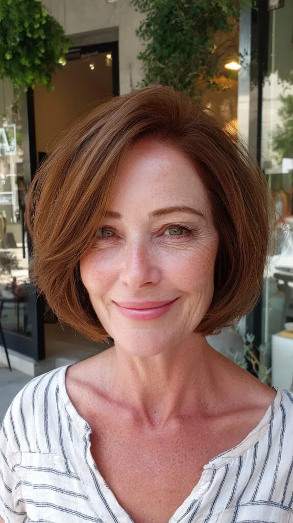 Chestnut Rounded Chin-Length Bob with Side-Swept Root Lift