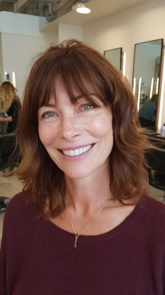 Chestnut Shoulder-Length Shag with Airy Crown Layers and Wispy Fringe