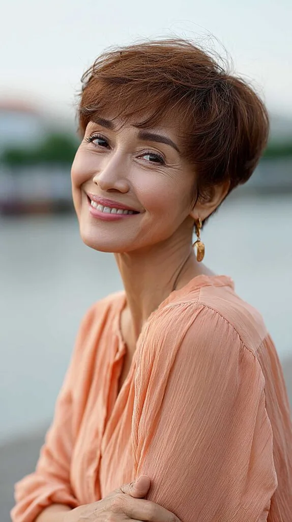 Chestnut swept-back long pixie with tapered nape