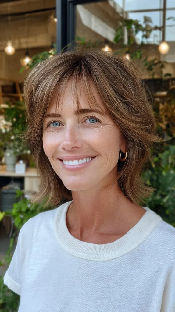 Chic Caramel Textured Lob with Soft Bangs