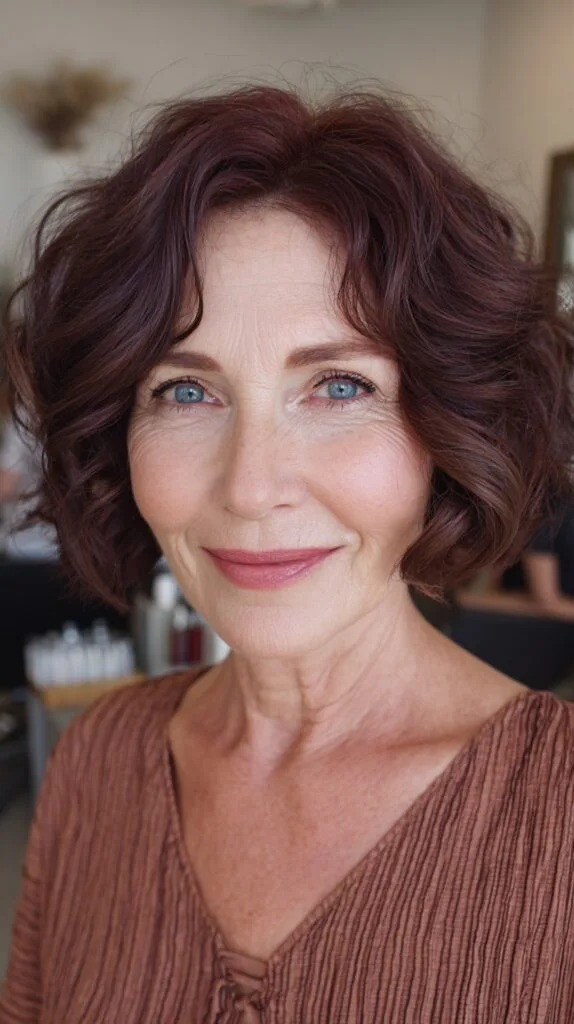 Chic Curly Bob with Rich Burgundy Highlights