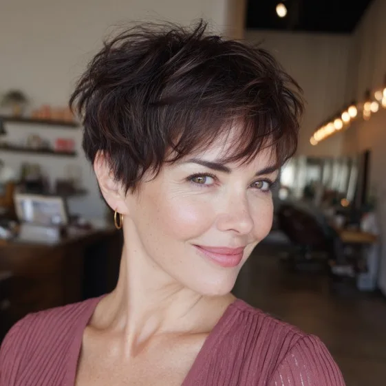 Chic Layered Brunette Pixie with Face-Framing Bangs