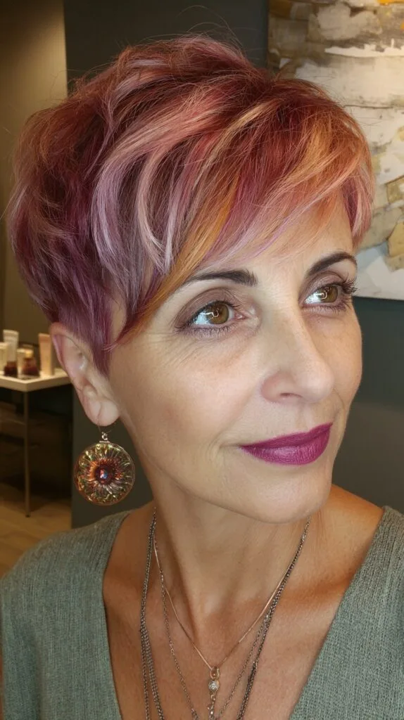 Chic Layered Rose Gold Pixie with Soft Highlights