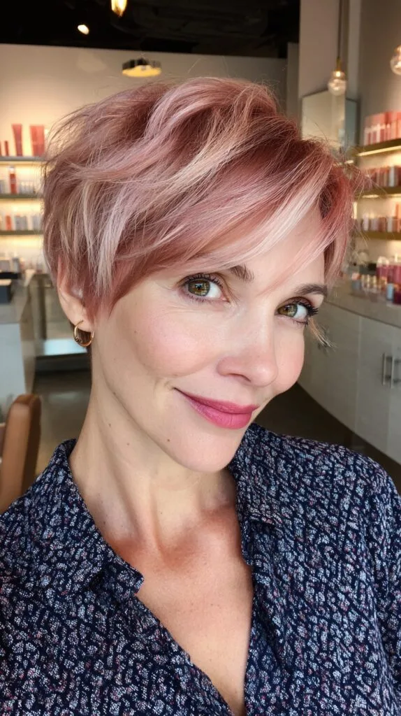 Chic Layered Rose Gold Pixie with Subtle Highlights