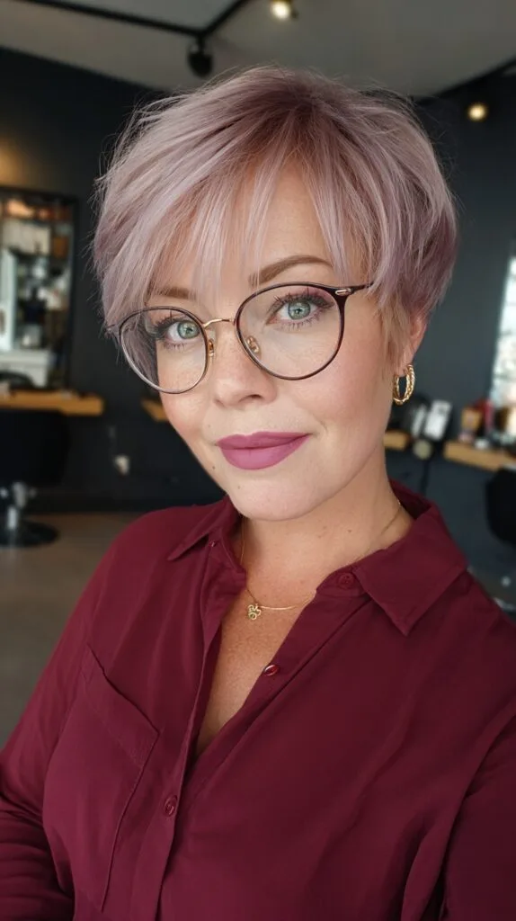 Chic Layered Rose Gold Pixie with Textured Bangs