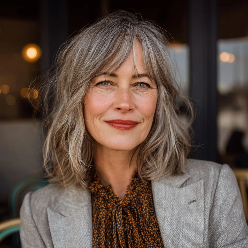 Chic Layered Salt and Pepper Cut with Face-Framing Bangs