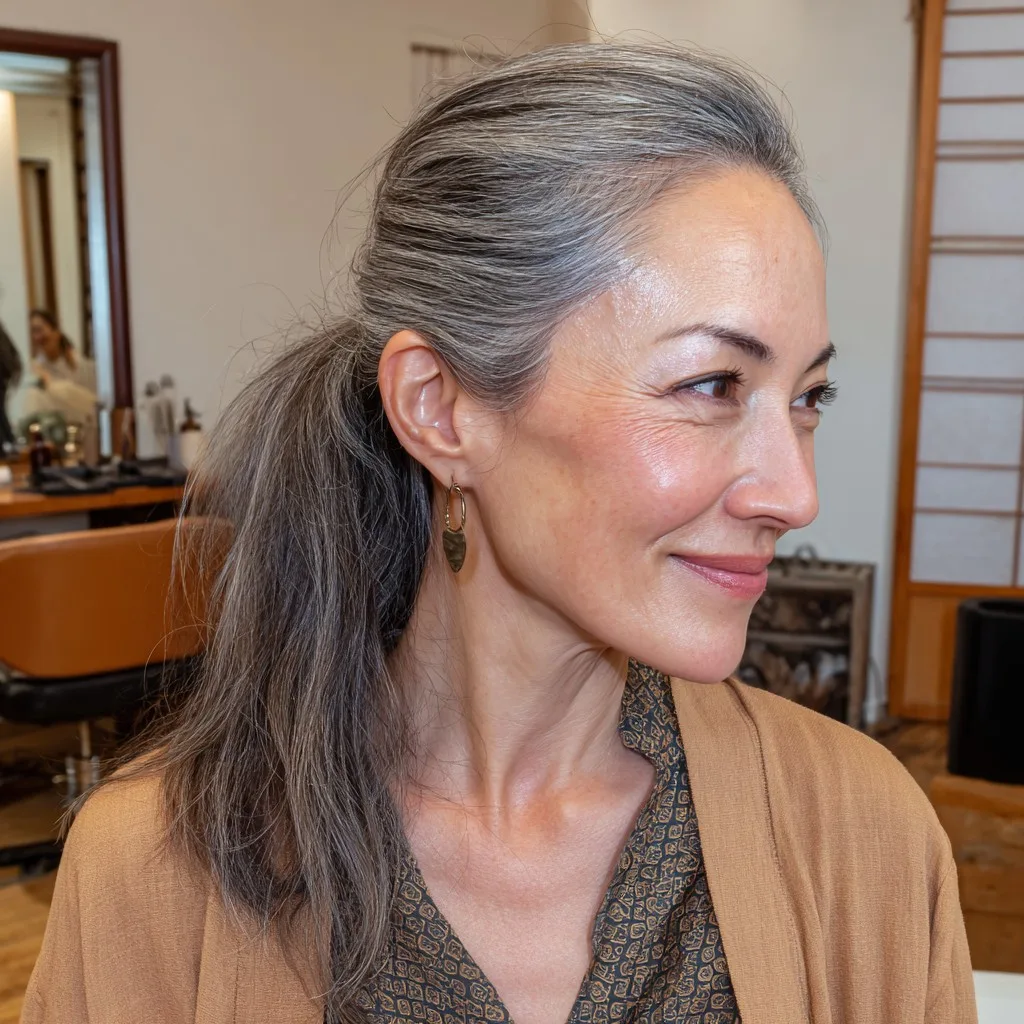 Chic Long Salt and Pepper Ponytail with Subtle Layers