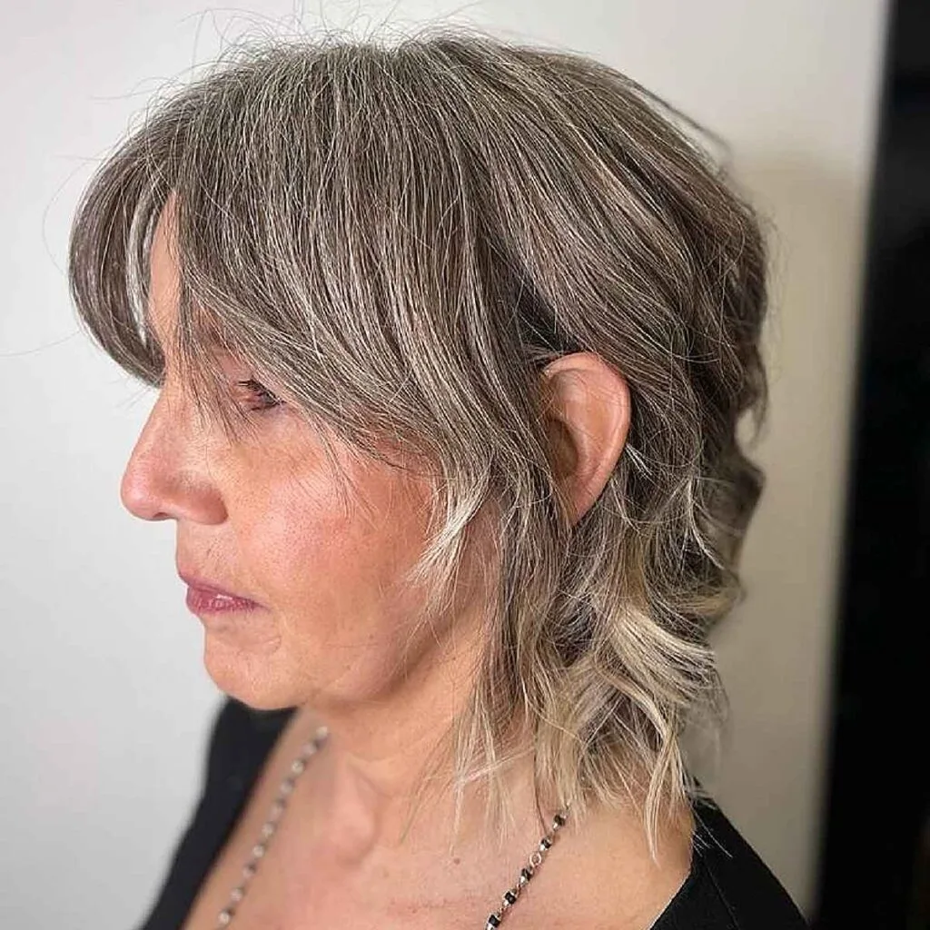 Chic Mini Shaggy Mullet with Curtain Bangs for Silver Hair