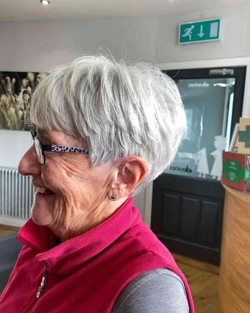 Chic Pixie for Women Over 70 with Silver Hair and Glasses