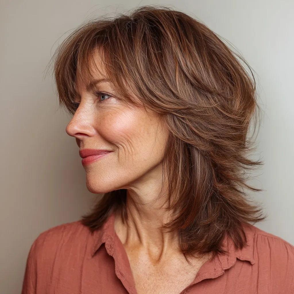 Chic Reddish Brown Layered Cut with Subtle Bangs