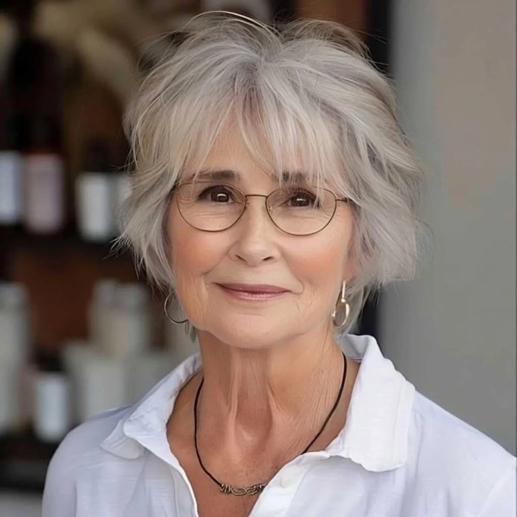 Chic Salt-and-Pepper Short Shag with Bangs for Seniors with Glasses