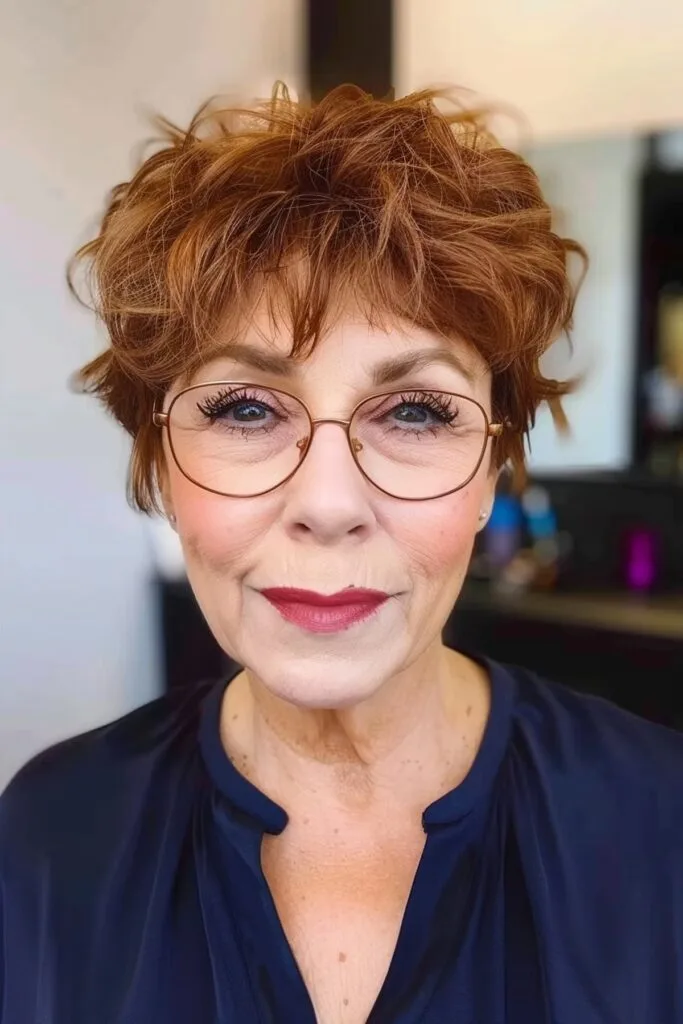 Chic Shaggy Hairstyle for Senior Women with Petite Rims