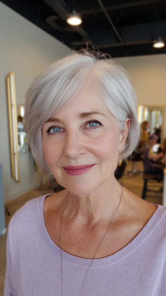 Chic Silver Bob with Soft Side-Swept Bangs