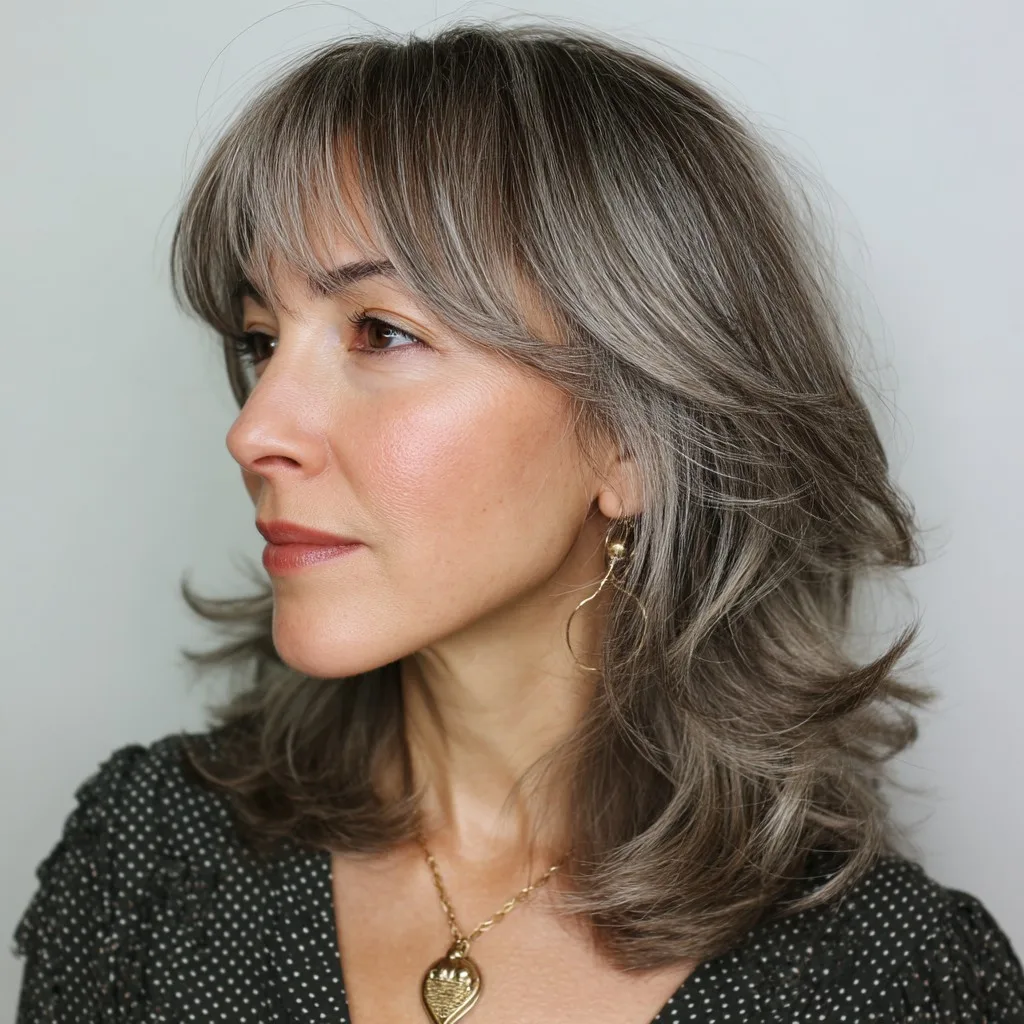 Chic Silver-Layered Cut with Soft Bangs