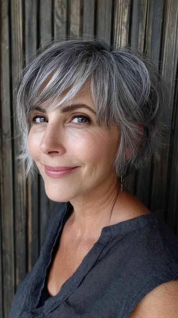 Chic Silver Layered Pixie with Soft Textured Fringe