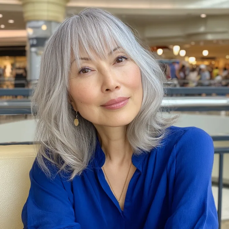 Chic Silver Shoulder-Length Cut with Soft Bangs