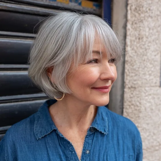 Chic Soft Gray Bob with Feathered Layers